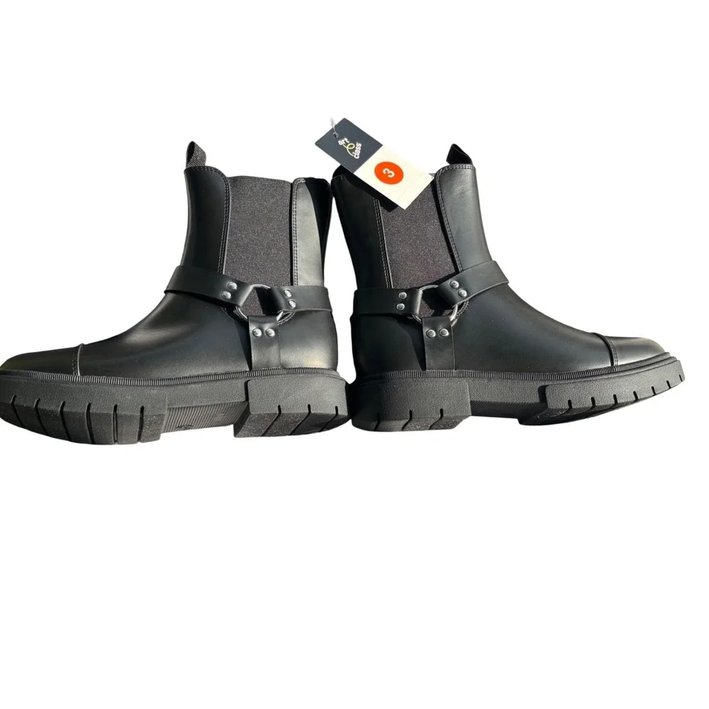 Art Class Kids Black Harness Moto Boots Chunky Lug Sole Side Zip Size 3 NEW